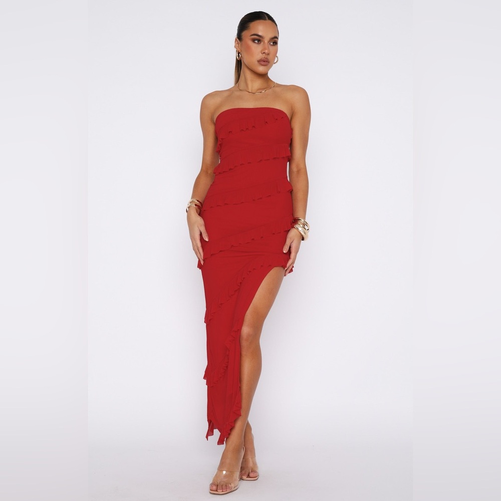 White Fox Maxi Strapless Dress - Deep Red